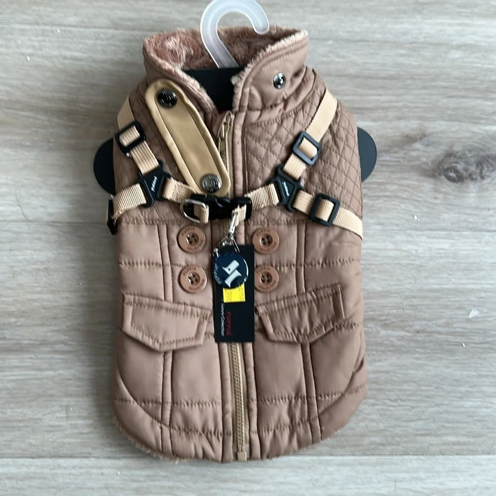 Tan Quilted Dog Jacket with Harness Wilkes Fleece Dog Vest by Puppia - Beige